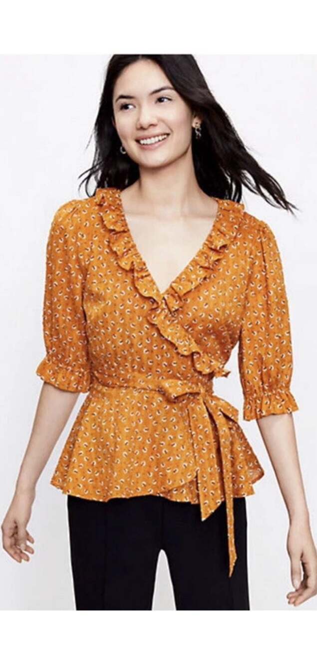 LOFT Ann Taylor Clover Ruffle Wrap Blouse XS warm orange boho chic
